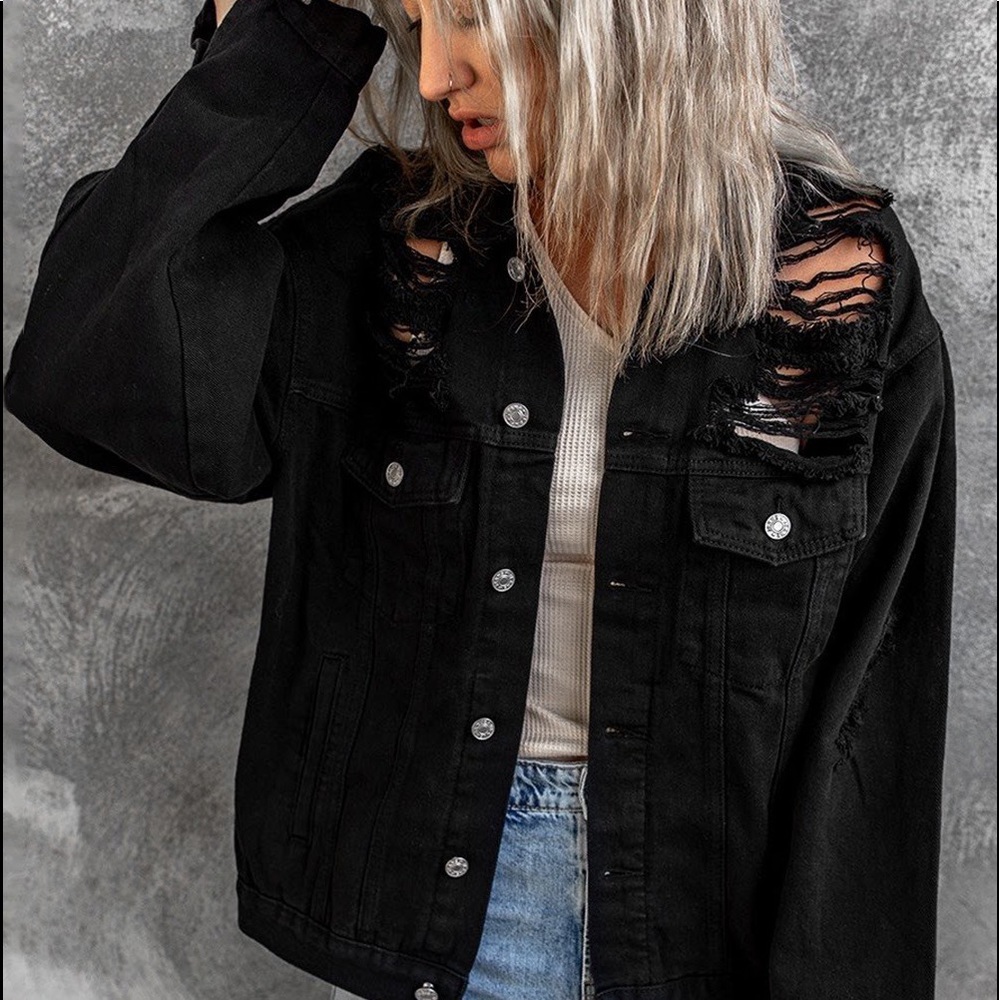 Black distressed denim jacket